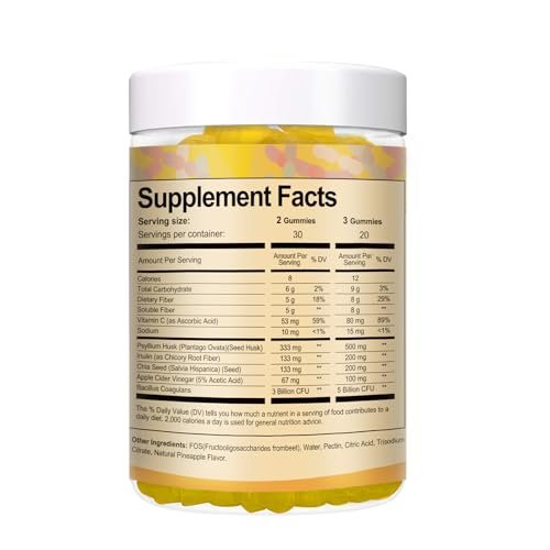 9-in-1 Probiotische Präbiotika Ballaststoff Gummis für Erwachsene & Jugendliche – Ballaststoffergänzung mit 5 Milliarden KBE Bacillus Coagulans, Flohsamenschalen, FOS, Inulin, ACV für Verdauung & Darm – 60 vegane Ananas-Gummis