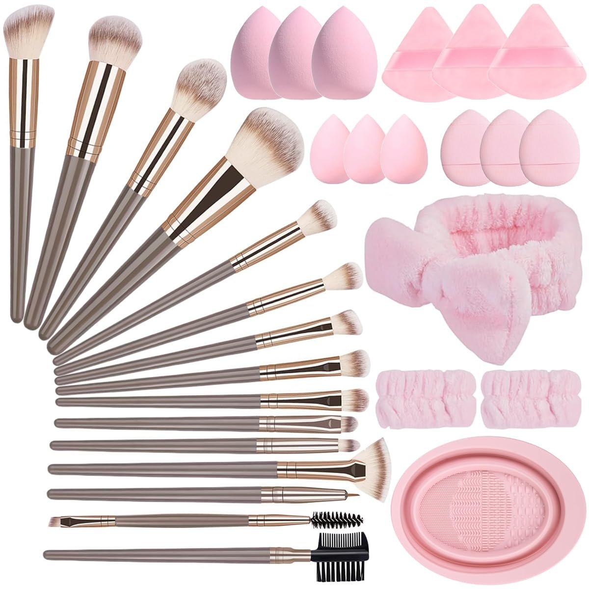 31-teiliges professionelles Make-up-Pinselset, 15 Premium-Synthetikpinsel mit 6 Make-up-Schwämmen, 6 Puderquasten, Spa-Stirnband & faltbarem Reinigungsbecken, komplettes Beauty-Set für Gesicht und Augen, Geschenkset - görsel 14