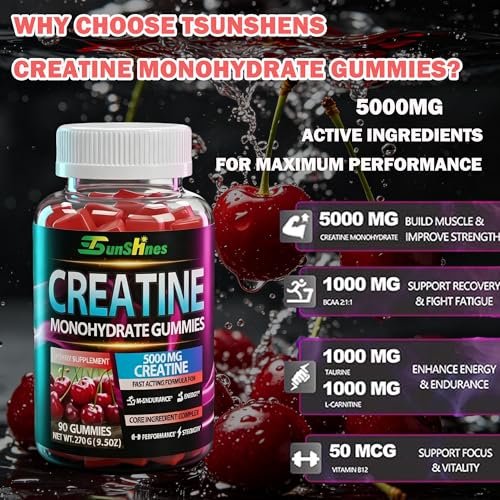 tsunshnes Creatin-Monohydrat Gummis 5g (5000mg) – Zuckerfreies Creatin, Pre-Workout-Energie, vegan, ohne Gentechnik, für Männer & Frauen – 90 Stück Kirsche-Geschmack