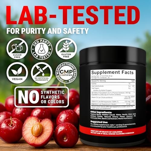 KEY ELEMENTS Recovery Tart Cherry Gummies mit Vitamin D3 K2 5000 IE & Magnesium - Vitamin D3 K2 Gummibärchen für Schlaf, Knochen & Immunsystem - Nicht-GVO, Glutenfrei, Zuckerfrei