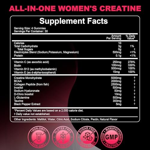 Creatin für Frauen: Monohydrat-Gummis mit Kollagen, BCAA, L-Carnitin & Taurin, Erdbeergeschmack, Zuckerfrei, 120 Stück – Energie & Muskelkraft