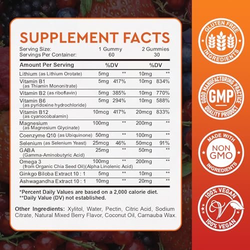 Lithium-Orotat 5 mg / 10 mg Gummis – Lithiumpräparat mit Vitamin B, Magnesium & Selen für Stimmungsunterstützung, Stressabbau, Gehirngesundheit – Nicht-GVO, vegan, glutenfrei – Mischbeerengeschmack, 60 Gummis