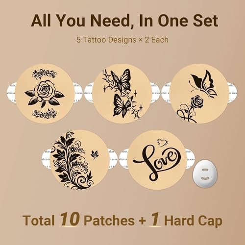 Amolyfe Dexcom G7 Tattoo Over Patches – Wasserdicht, 10er-Pack, stoßfest mit Hartschale, atmungsaktiv, medizinisches Klebeband, 15-Tage CGM-Schutz (Tattoo Rose)