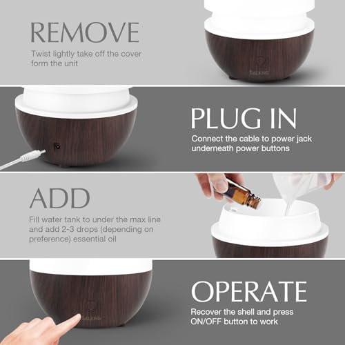 SALKING Aroma-Diffuser 100ml – Kleiner Ultraschall-Diffuser für ätherische Öle, Auto-Abschaltung, Kaltnebel-Luftbefeuchter mit warmweißem Licht, für Büro & Zuhause (Dunkle Holzmaserung)