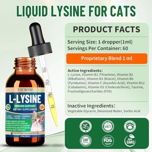 L-Lysin für Katzen – Katzen-Lysin-Ergänzung für Immununterstützung, Atemwege, Niesen, laufende Nase, Augenfunktion, natürliche Stärkung der Abwehrkräfte, Hühnergeschmack 60 ml