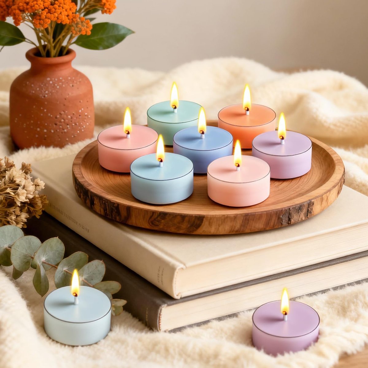Farbige Duft-Teelichter, 16er Pack Sojawachs-Teelichter in 4 Düften für Wohnkultur, Entspannung & Geschenke | Langlebig | Zeder, Amber Sandelholz, Lavendel, Feige & Patchouli