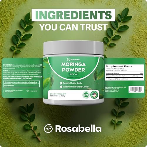 Rosabella Pure Moringa Pulver – Energie, Haut, Immunsystem & Darmgesundheit Superfood, Reich an Antioxidantien, Essentiellen Vitaminen & Aminosäuren, Natürliches grünes Superfood Nahrungsergänzungsmittel (3,7 oz (1er Pack))