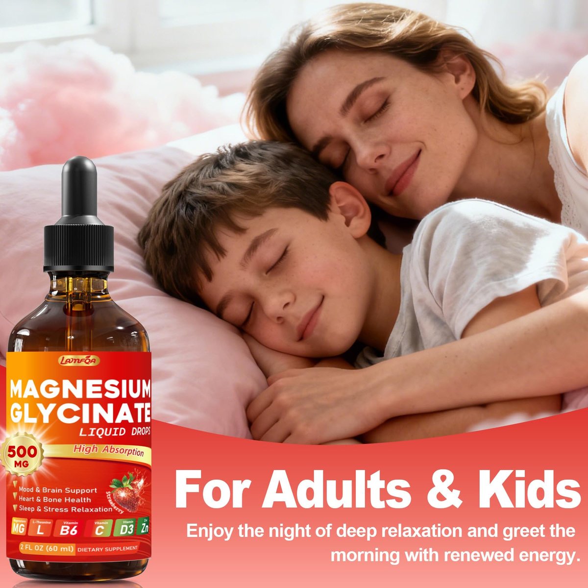 Magnesium Glycinat Flüssig 500mg – Hochabsorbierend mit Vitamin B6, D3, C, Zink – Unterstützt Stimmung, Schlaf, Herz- & Knochengesundheit – Vegan, Non-GMO, Glutenfrei – 60 ml, Erdbeergeschmack