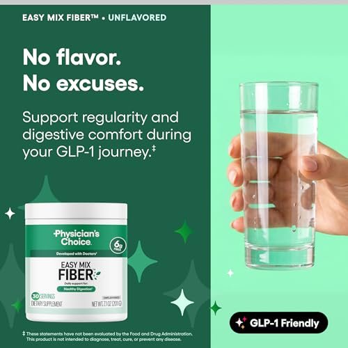Physician's CHOICE Easy Mix Fiber für GLP-1 Unterstützung - Ohne Körnung & Zuckerfrei - Tägliches präbiotisches lösliches Ballaststoffpulver - Verdauungsgesundheit & Regelmäßigkeit - für Frauen und Männer - Ungeschmackvoll - 7,1 Unzen