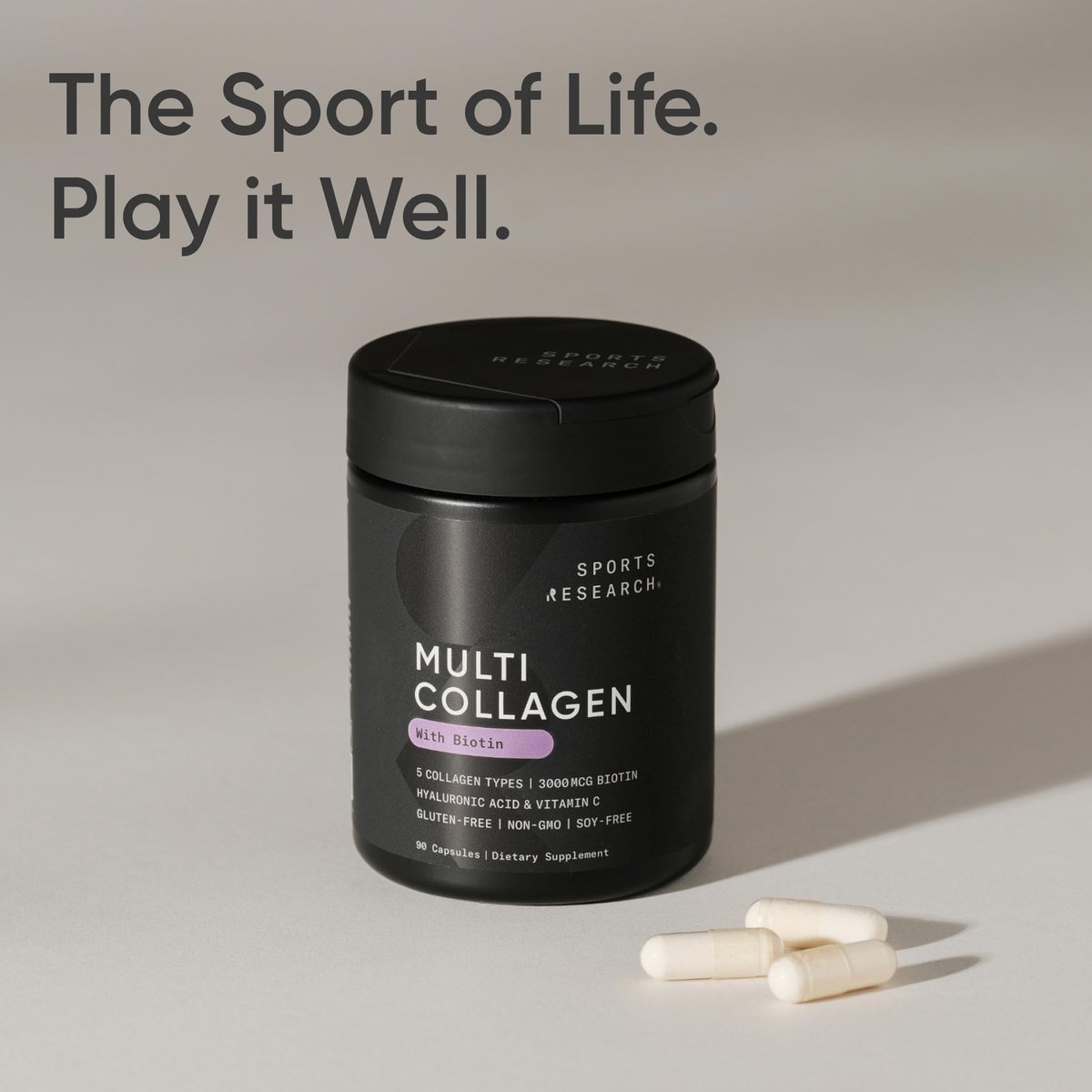 Sports Research® Biotin-Infused Collagen Peptides Complex mit Hyaluronsäure – 5 Multi-Kollagentypen für Haare, Haut und Gelenke* - Glutenfrei · Nicht-GVO · 90 Kapseln