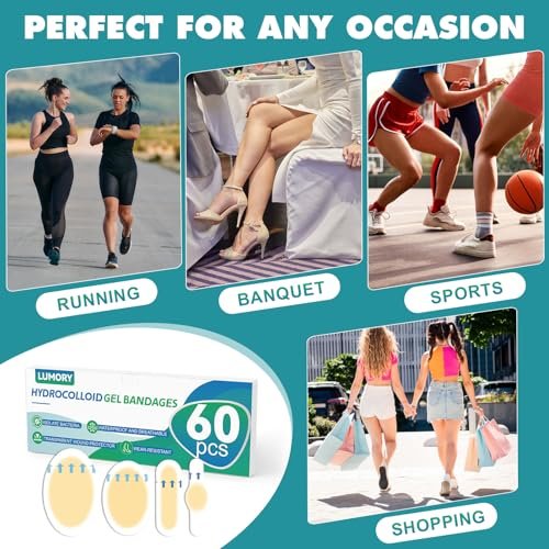LUMORY 60 Stück Hydrokolloid-Blasenpflaster, Gel-Blasenpflaster für die Füße, wasserdichte Blasenpflaster für Ferse, Zehen, Blasenprävention & Heilung, Blasenkissen in 4 Formen