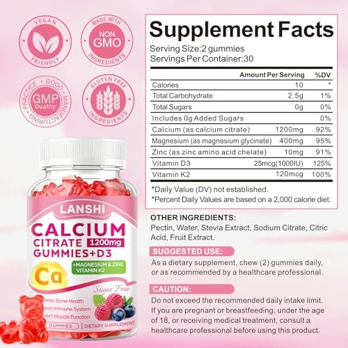 LANSHI Calcium Citrat Gummies 1200mg mit Vitamin D3 & K2 für Frauen & Männer – Hochabsorbierbare Calcium-Gummis plus Magnesium, Zink für starke Knochen & Immununterstützung, gemischter Beerengeschmack, 60 Stück