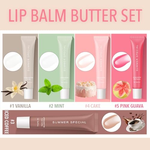 5er Pack Sommer-Spezial Lippenbutter Hydratisierender Lipgloss mit Sheabutter & Olivenöl – Pflegt trockene Lippen, natürlicher Farbton & Glanzeffekt, Lippenstift für Frauen