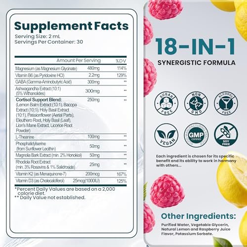 Rylaxed Cortisol Kapseln für Frauen & Männer, 18-in-1 Stress & Stimmung Unterstützung Tropfen mit Magnesium 480mg, GABA, Ashwagandha, L-Theanin & Phosphatidylserin, für Entspannung & Schlaf, Zitrone-Himbeer Geschmack 60ml