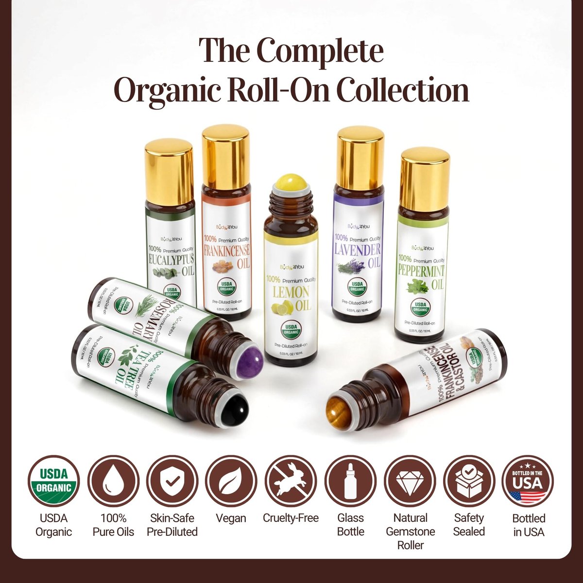 Rizinusöl mit Weihrauch Roll-On für Gesicht, Augenbrauen & Augenpartie – 100% reines Bio-MCT-Kokosöl, dunkle Ringe & feine Linien, Gesichtspflege-Serum mit Edelsteinroller, 10 ml Reisegröße