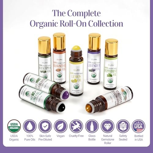 Lavendel Ätherisches Öl Roll-On für Schlaf, Angst & Stressabbau – 100% reines USDA Bio, vorgemischt mit MCT Kokosöl – Beruhigende Aromatherapie für Yoga & Entspannung – Edelsteinroller 10 ml Reisegröße