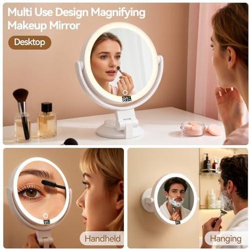 Shinowa Makeup Spiegel mit Licht, 20X Wandmontierter Vergrößerungsspiegel, Beidseitiger Schminktischspiegel mit 3 Farbtemperaturen & Helligkeitsanpassung, 360° Drehbarer Aufladbarer Tischspiegel, Reisespiegel