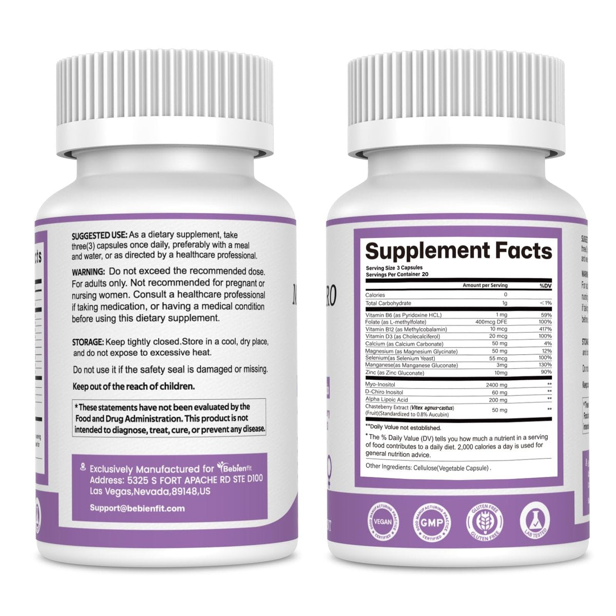 Bebien fit 13-in-1 Myo-Inositol & D-Chiro-Inositol für Frauen, 2460 mg – 40:1 Verhältnis mit Alpha-Liponsäure, Folsäure, Mönchspfeffer, Magnesium – 60 vegane Kapseln