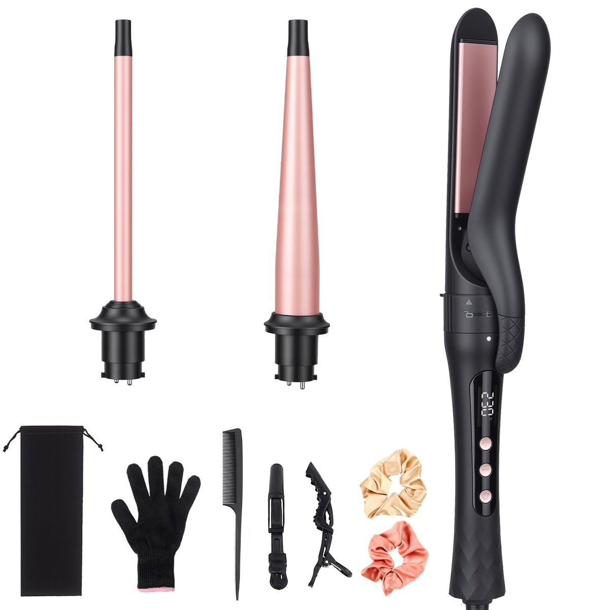 YEGUBEGU 3-in-1 Curling Iron Set – Lockenstab mit auswechselbaren Keramikaufsätzen 0,35 bis 1 Zoll, Glätteisen, 14 Temperaturen, Schnellaufheizung, Dual-Volt Reise-Haarlockenstab, Roségold