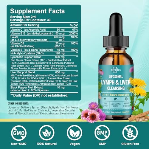 Liposomale Lymphdrainage-Tropfen, Leberreinigung & Entgiftung flüssig mit Mariendistel, Löwenzahn, Klettenwurzel & Echinacea - Lymph- & Leber-Detox, Antioxidans, natürlicher Geschmack 60 ml