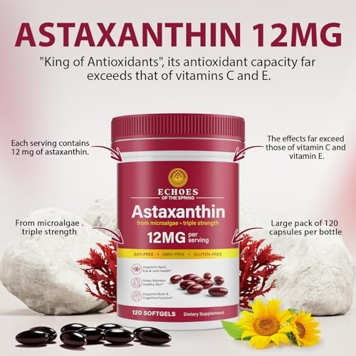 Astaxanthin 12 mg – Natürliches Astaxanthin aus Haematococcus Pluvialis, dreifach starkes Antioxidans für Augen, Haut, Gelenke und Immunsystem (120 Kapseln)