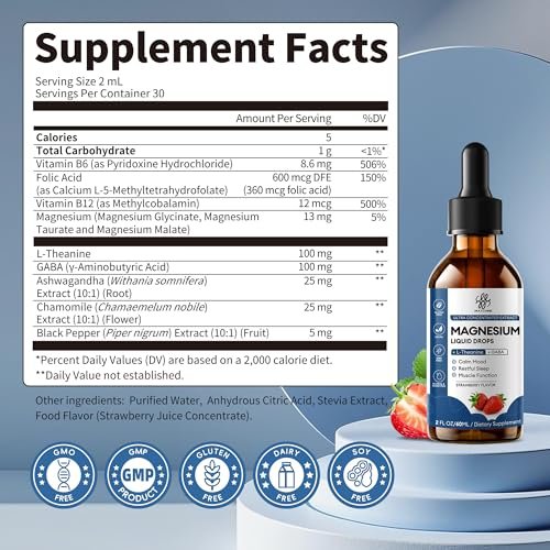 Liquid Magnesium Glycinate Drops für Schlafunterstützung & nächtliche Ruhe – Magnesiumtropfen mit Kamille, Ashwagandha, L-Theanin & GABA zur Entspannungsunterstützung, sanfte Absorption, Erdbeergeschmack, 60 ml