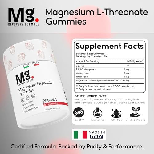 Magnesium-L-Threonat-Gummis für Erwachsene & Kinder 2000mg – Gehirnergänzung für Gedächtnis und Fokus – Beruhigende Magnesium-Gummis für besseren Schlaf und gesunden Geist – 60 Stück (Erdbeere)