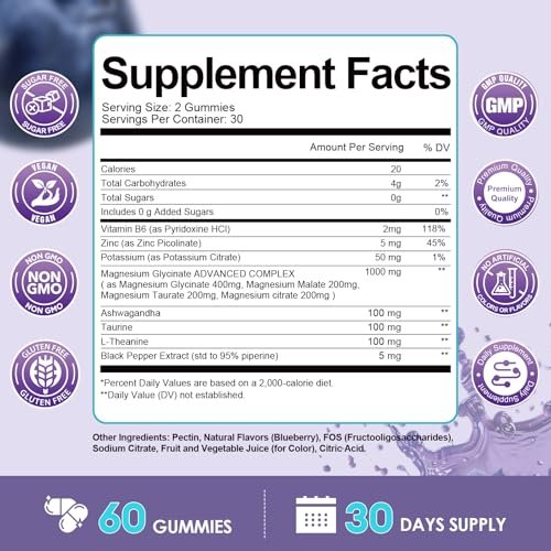 Magnesium Glycinat Gummibärchen 400mg – Magnesium Komplex mit Malat, Taurat & Citrat – Unterstützt Schlaf, Entspannung, Gehirn & Muskeln – 60 Stück Blaubeergeschmack (Zuckerfrei & Vegan)