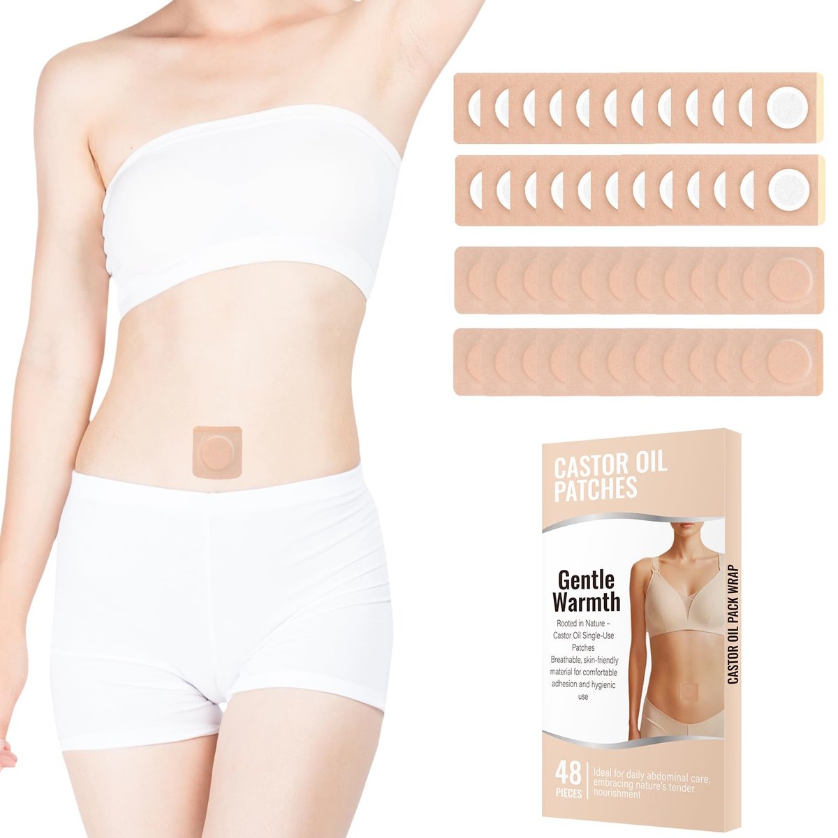 48 Stück Rizinusöl-Pflaster, Bio-Baumwoll-Rizinusöl-Pack-Wrap, atmungsaktiv & selbstklebend für Bauchnabel-Pflaster, tragbar, auslaufsicher, kein Abwaschen, beige