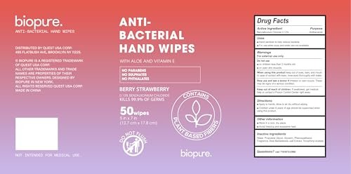 BIOPURE Antibakterielle Feuchttücher Erdbeerduft | Desinfektionstücher mit Aloe und Vitamin E | 5"x7" Feuchttücher im Spender | Ohne Parabene, Sulfate oder Phthalate, Tötet 99% der Keime, 50 Stück