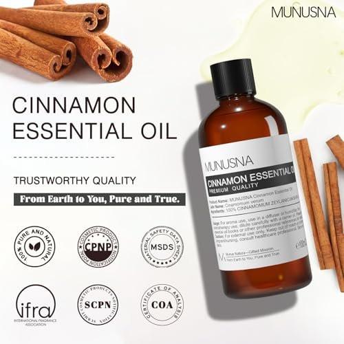 MUNUSNA Zimtöl 100 ml – 100% reines natürliches Zimtöl, Premium-Aromatherapieöl für Haare, Gesicht, Haut, Körper, Diffuser, Massage, Zuhause, Seifen- und Kerzenherstellung