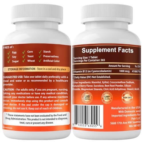 VITBOOST Vitamin B12 1000 mcg Lutschtabletten – 365 Stück, natürlicher Beerengeschmack – B-12 Vitamin für Energie & Nervensystemunterstützung – Non-GMO Tabletten – Hergestellt in USA