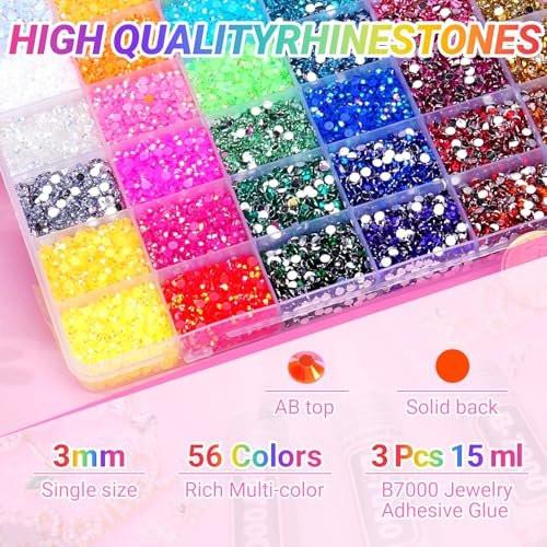 61000 Teile 56 Farben Jelly Strasssteine für Kleidung, 2 Boxen Harz Multicolor 3 mm Flachrücksteine für Basteln, Bedazzler Set mit 3 Stück 15 ml B7000 Schmuckkleber für Bücher, Schuhe, Nagelkunst