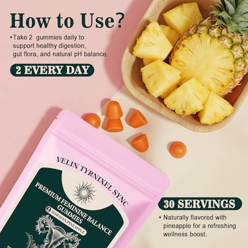 Probiotische Gummibärchen für Frauen – Vitaler Präbiotika-Quelle für feminine Gesundheit, pH-Balance & Geruchskontrolle – Vegane tägliche Verdauungs- & Immununterstützung, Ananasgeschmack, Zuckerfrei, 60 Stück