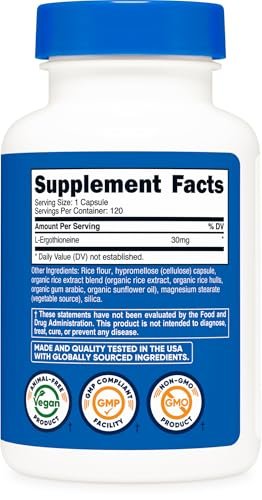 Nutricost L-Ergothionein Kapseln 30mg – 120 Kapseln, 120 Portionen – Pilz-Aminosäure, Vegan, GVO-frei, Glutenfrei