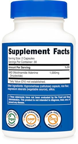 Nutricost NAD+ Supplement 1000 mg – 60 Kapseln, Nicotinamid-Adenin-Dinukleotid, vegan, GMO-frei, glutenfrei, 30 Portionen