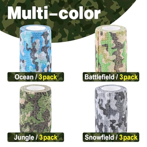 AZEN 12er-Pack Selbstklebende Binde, 3" x 5 Yards Elastische Kohäsionsbinde, Sporttape, Tattoo-Abdeckband, Veterinärband, Knöchelband (Camo)