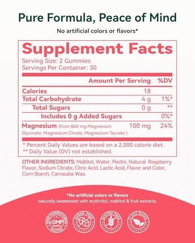 Magnesium Glycinat Gummies 860 mg (100 mg elementares Magnesium) – Zuckerfrei, Melatoninfrei, für Erwachsene & Kinder ab 4 Jahren – Fördert erholsamen Schlaf, Muskelregeneration & Ruhe – Himbeer-Geschmack, 60 Stück