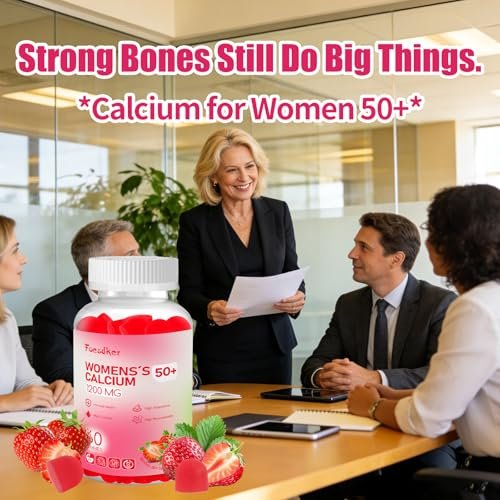 Foesdker Calcium-Citrat-Gummis für Frauen mit Kollagen – 1200 mg kaubare Calcium-Gummis, Erdbeergeschmack, für Knochen-, Muskel- und Immununterstützung, 60 Stück
