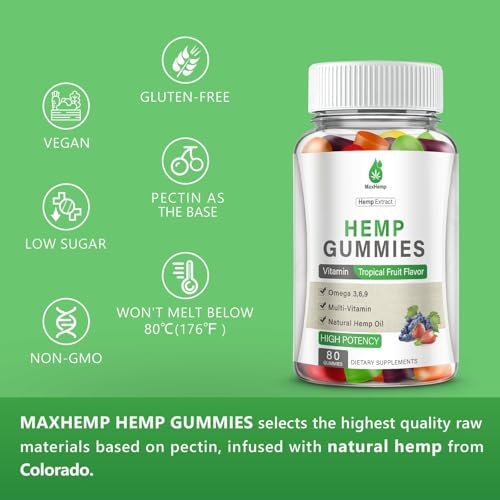 MaxHemp Hanf-Gummis für Schlaf, Schmerzen, Angst, Ruhe & Entspannung - Hochwirksame natürliche Hanföl-Gummis - Natürliche fruchtige Bären-Hanf-Gummis für Erwachsene, vegan - 80 Stück