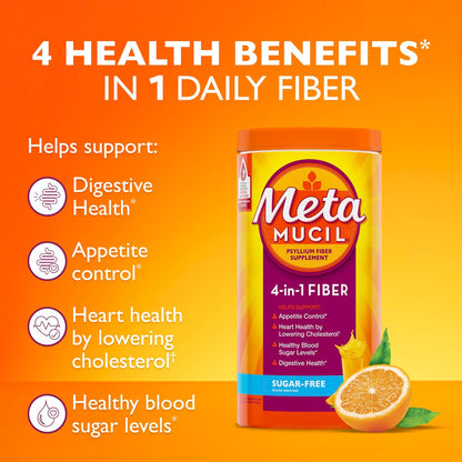 Metamucil 4-in-1 Psyllium Husk Faserpulver, Zuckerfrei, Orangen-Geschmack, 72 Portionen, tägliches Ballaststoffpräparat für die Verdauungsgesundheit