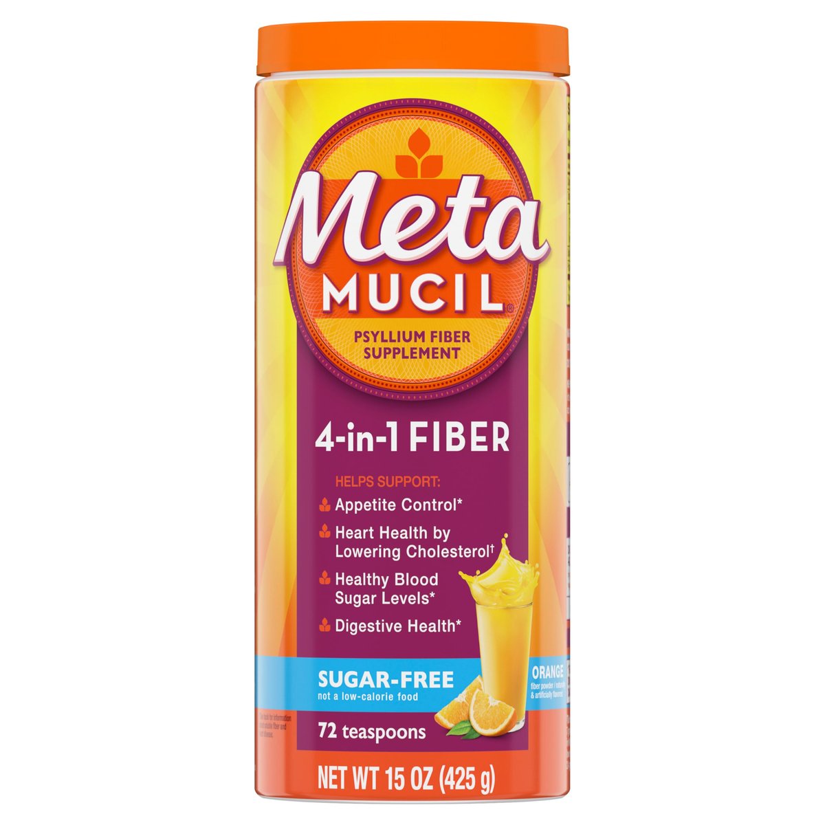 Metamucil 4-in-1 Psyllium Husk Faserpulver, Zuckerfrei, Orangen-Geschmack, 72 Portionen, tägliches Ballaststoffpräparat für die Verdauungsgesundheit