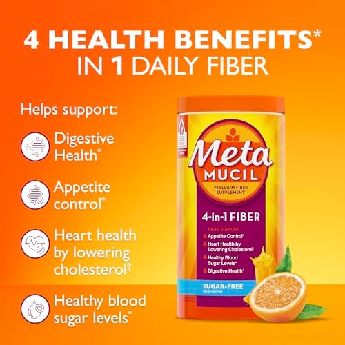 Metamucil 4-in-1 Psyllium Husk Faserpulver, Zuckerfrei, Orangen-Geschmack, 72 Portionen, tägliches Ballaststoffpräparat für die Verdauungsgesundheit