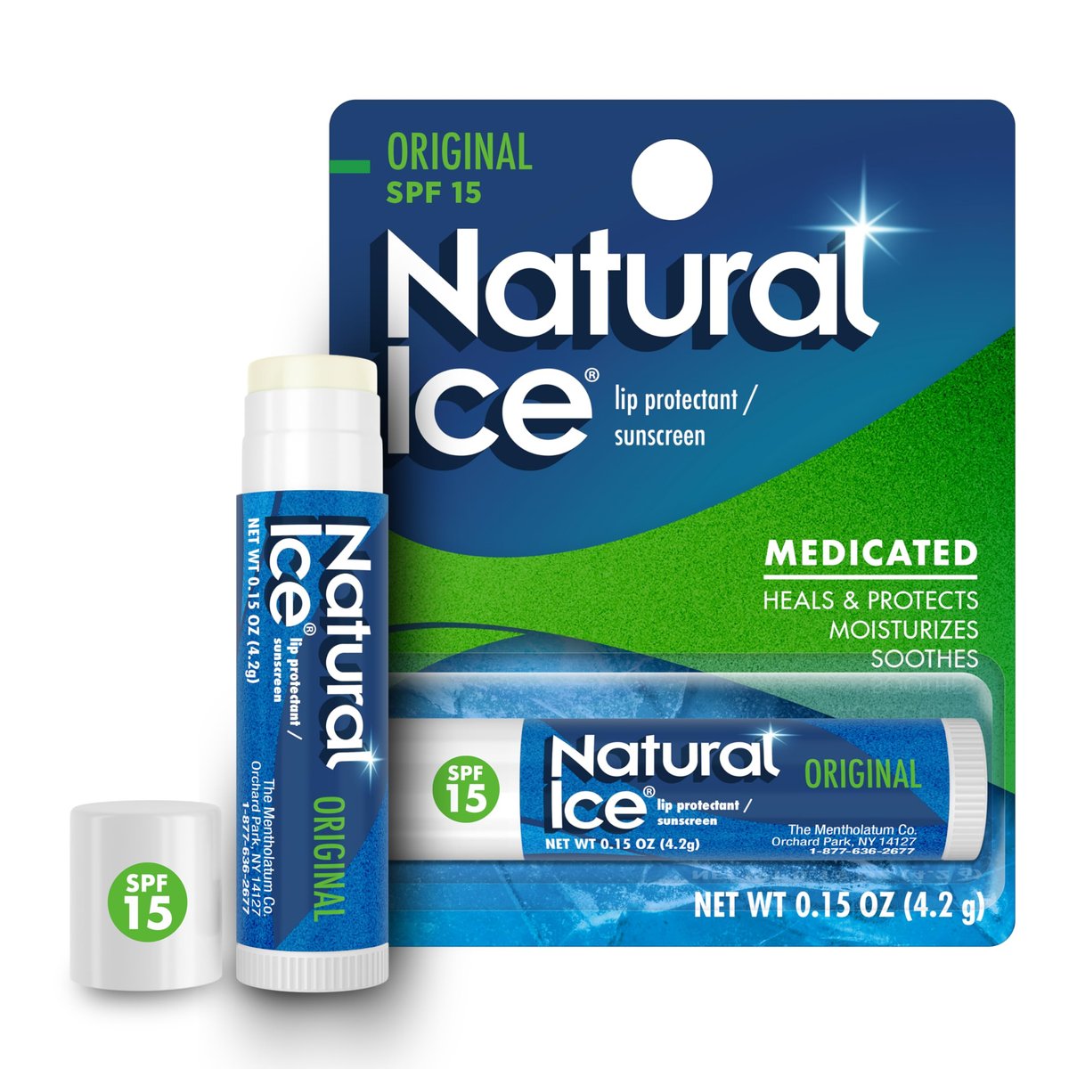 Mentholatum Natural Ice Original Medicated Lippenbalsam – Feuchtigkeitsspendende Pflege für trockene, rissige Lippen mit SPF 15 (12er-Pack)