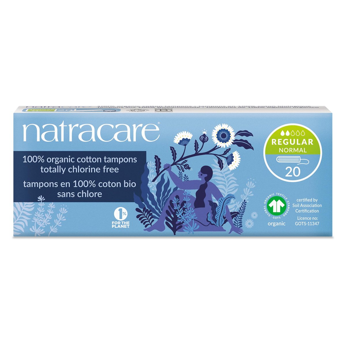 Natracare Bio-Tampons ohne Applikator, 100% Bio-Baumwolle, Regular, chlorfrei, biologisch abbaubar (1 Packung, 20 Tampons)