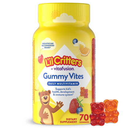 L'il Critters Gummy Vites – Tägliche Gummimultivitamine für Kinder mit Vitamin C und D3 zur Immununterstützung, Kirsch-, Erdbeer-, Orangen-, Ananas- und Blaubeergeschmack, 70 Gummis