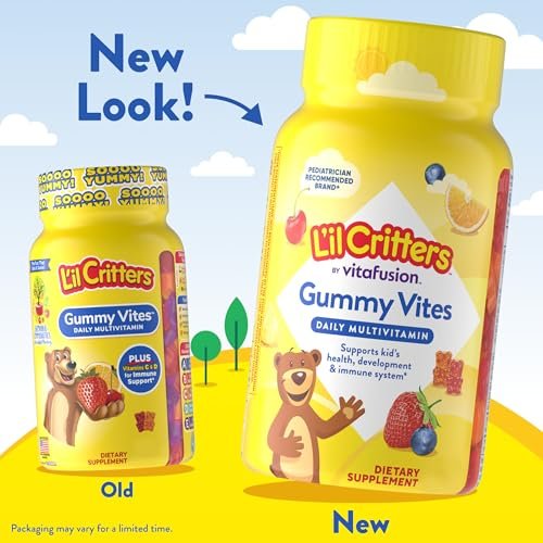 L'il Critters Gummy Vites – Tägliche Gummimultivitamine für Kinder mit Vitamin C und D3 zur Immununterstützung, Kirsch-, Erdbeer-, Orangen-, Ananas- und Blaubeergeschmack, 70 Gummis