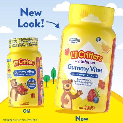 L'il Critters Gummy Vites – Tägliche Gummimultivitamine für Kinder mit Vitamin C und D3 zur Immununterstützung, Kirsch-, Erdbeer-, Orangen-, Ananas- und Blaubeergeschmack, 70 Gummis