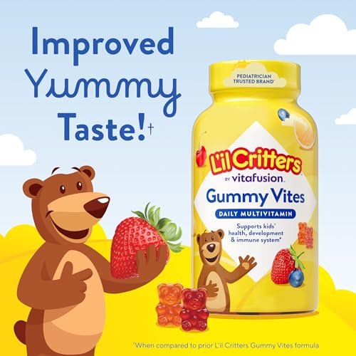 L'il Critters Gummy Vites – Tägliche Gummimultivitamine für Kinder mit Vitamin C und D3 zur Immununterstützung, Kirsch-, Erdbeer-, Orangen-, Ananas- und Blaubeergeschmack, 70 Gummis