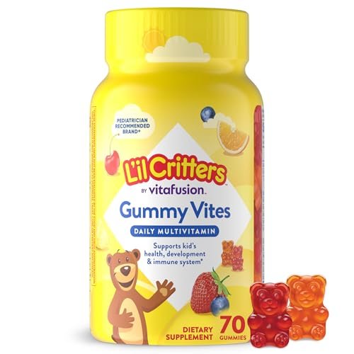 L'il Critters Gummy Vites – Tägliche Gummimultivitamine für Kinder mit Vitamin C und D3 zur Immununterstützung, Kirsch-, Erdbeer-, Orangen-, Ananas- und Blaubeergeschmack, 70 Gummis